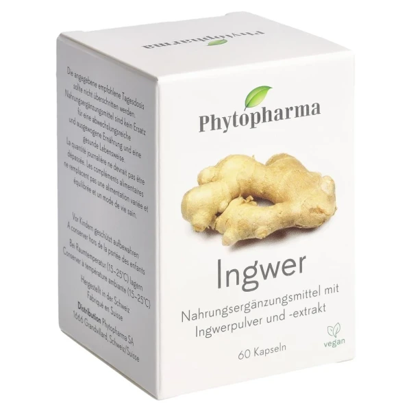 Hier sehen Sie den Artikel PHYTOPHARMA Ingwer Kaps 365 mg 60 Stk aus der Kategorie Nahrungsergänzungsmittel. Dieser Artikel ist erhältlich bei pedro-shop.ch