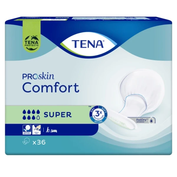 Hier sehen Sie den Artikel TENA Comfort Super 36 Stk aus der Kategorie Inkontinenz Einlagen. Dieser Artikel ist erhältlich bei pedro-shop.ch