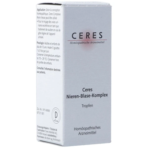 Hier sehen Sie den Artikel CERES Nieren-Blase-Komplex Tropfen Fl 20 ml aus der Kategorie Arzneimittel der Liste D. Dieser Artikel ist erhältlich bei pedro-shop.ch